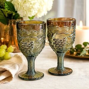 Vintage Imperial Glass Carnival Glass Grape Wine Goblets Amber Green 4" Set of 2
